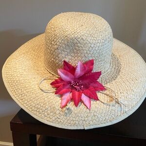 Beige Straw Hat with Fuchsia Flower and Sparkle Detail
